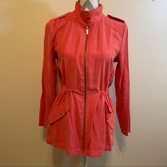 Zara Basic Pink Salmon Solid Zip Cargo Pocket Lightweight Utility Jacket Small - Picture 3 of 15